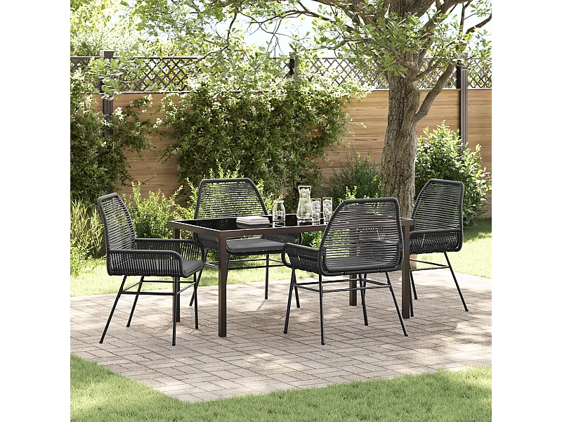 Set da pranzo da giardino 5 pezzi con cuscini in polyrattan nero