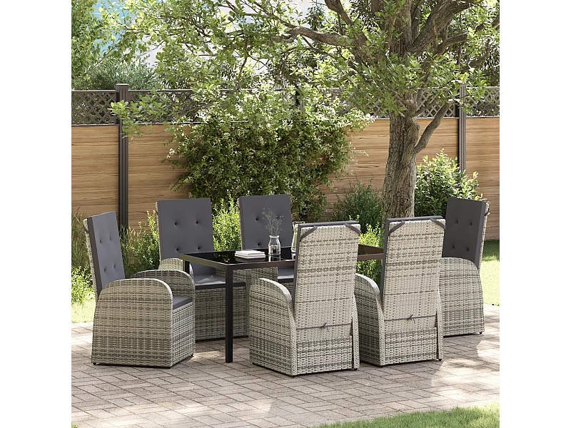 Set da pranzo da giardino da 7 pezzi con cuscini in polyrattan grigio