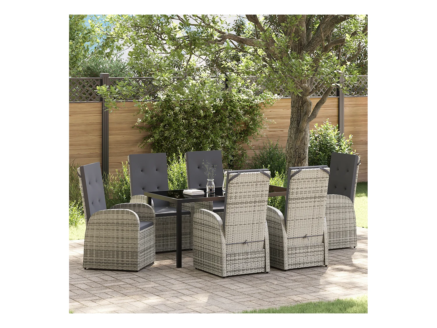 Set da pranzo da giardino da 7 pezzi con cuscini in polyrattan grigio