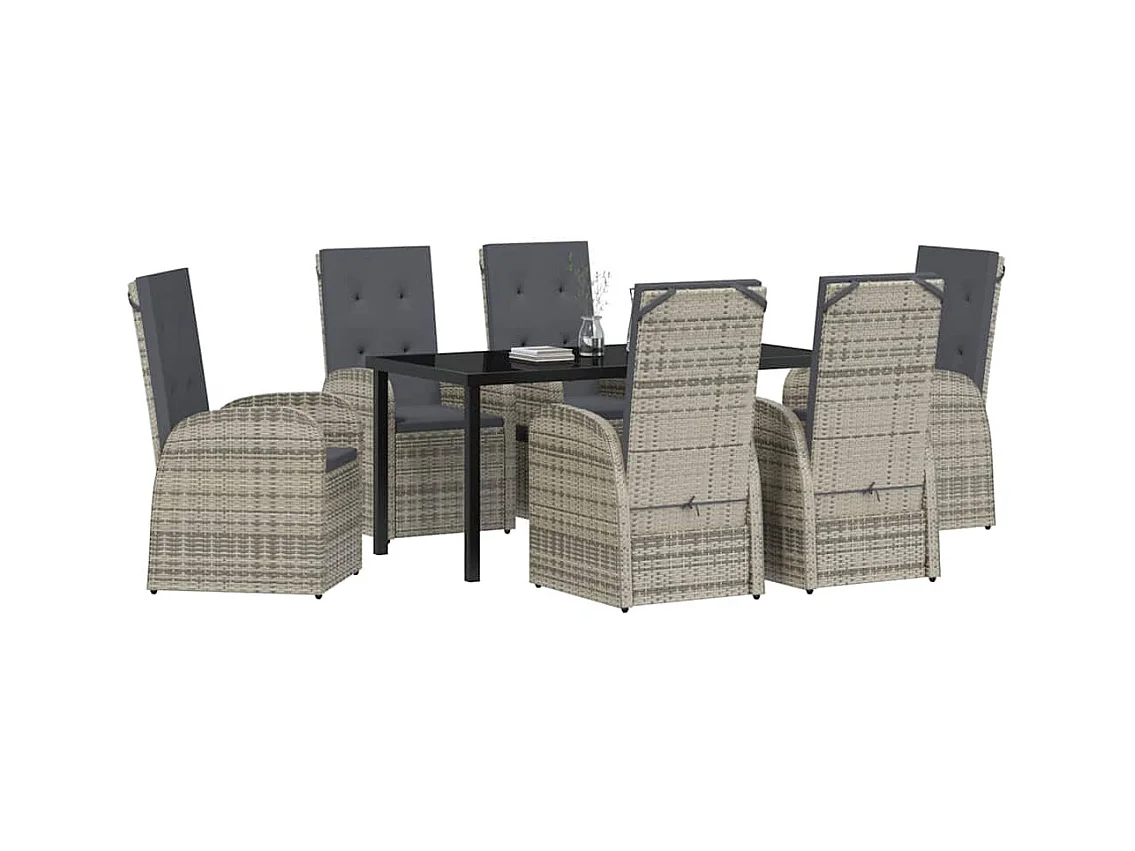 Set da pranzo da giardino da 7 pezzi con cuscini in polyrattan grigio