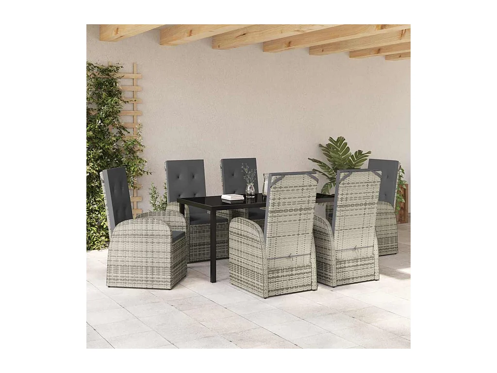 Set da pranzo da giardino da 7 pezzi con cuscini in polyrattan grigio