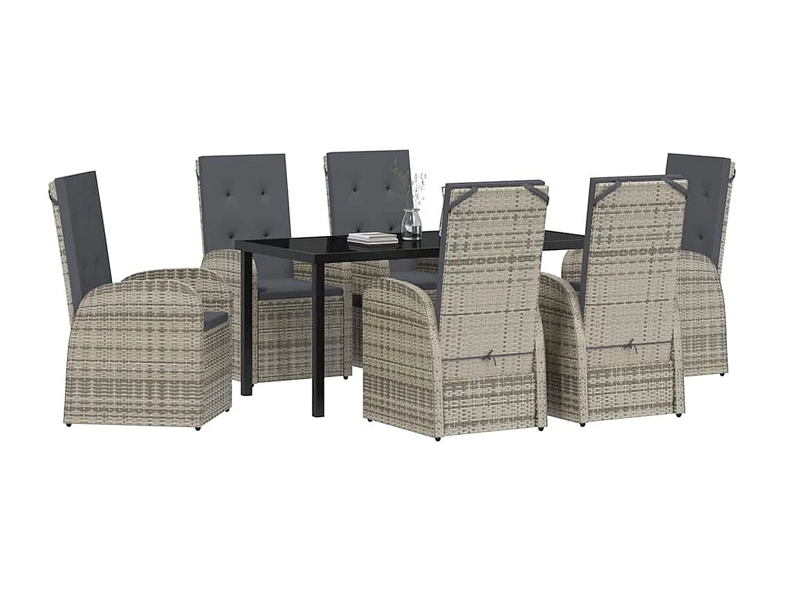 Ensemble de salle à manger de jardin 7 pièces avec coussins en poly rotin gris