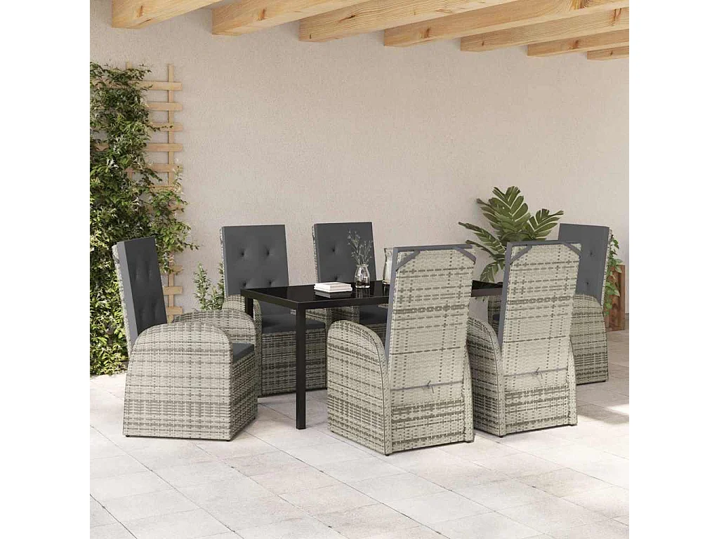 Ensemble de salle à manger de jardin 7 pièces avec coussins en poly rotin gris