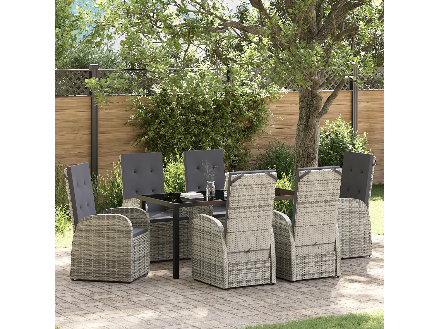 Ensemble de salle à manger de jardin 7 pièces avec coussins en poly rotin gris