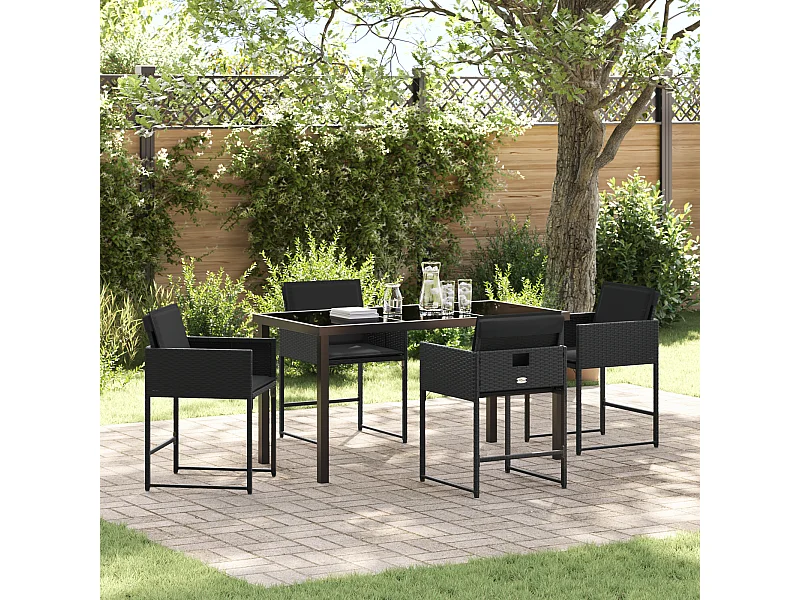 Ensemble de Salle à Manger de Jardin avec Coussins Noir Rattan Poly