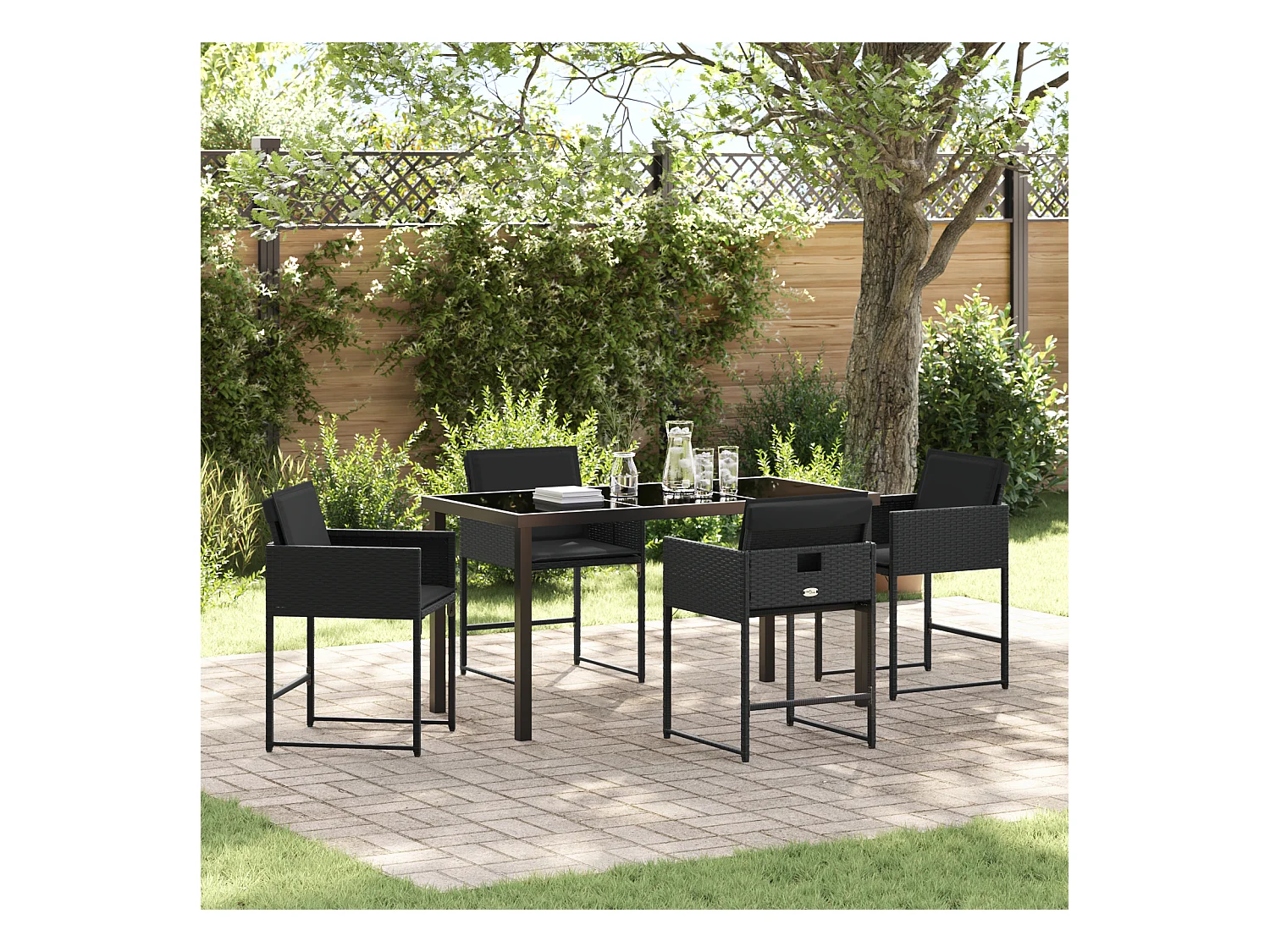 Ensemble de Salle à Manger de Jardin avec Coussins Noir Rattan Poly