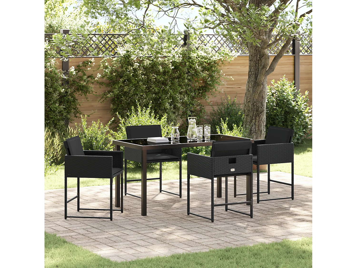 Ensemble de Salle à Manger de Jardin avec Coussins Noir Rattan Poly