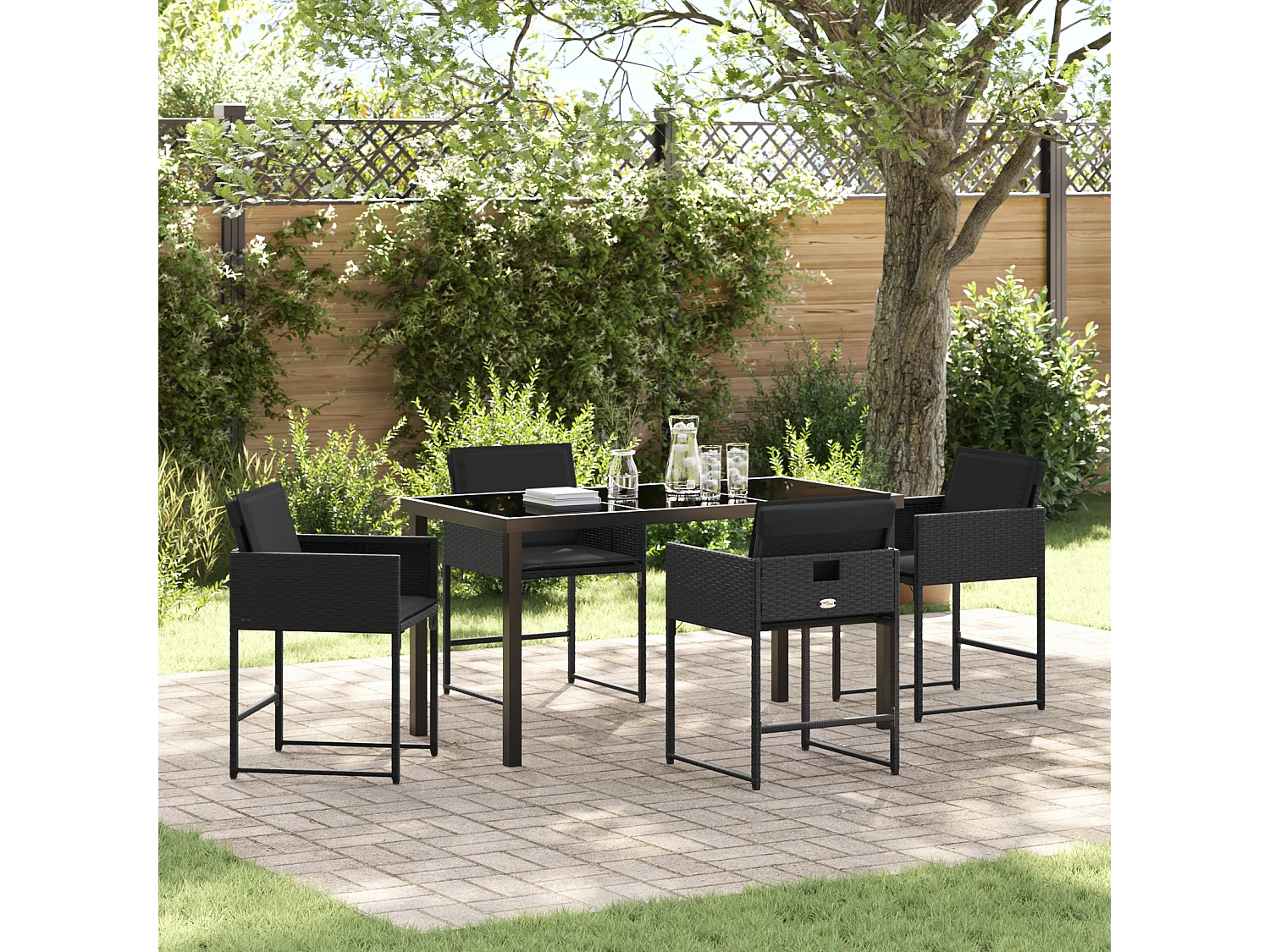 Ensemble de Salle à Manger de Jardin avec Coussins Noir Rattan Poly