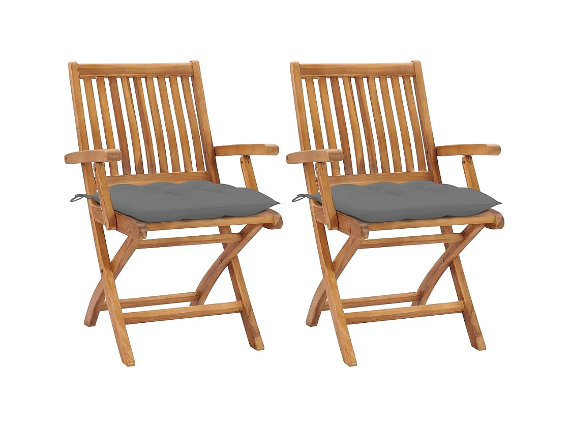 Chaises de jardin lot de 2 et coussins gris Bois de teck massif