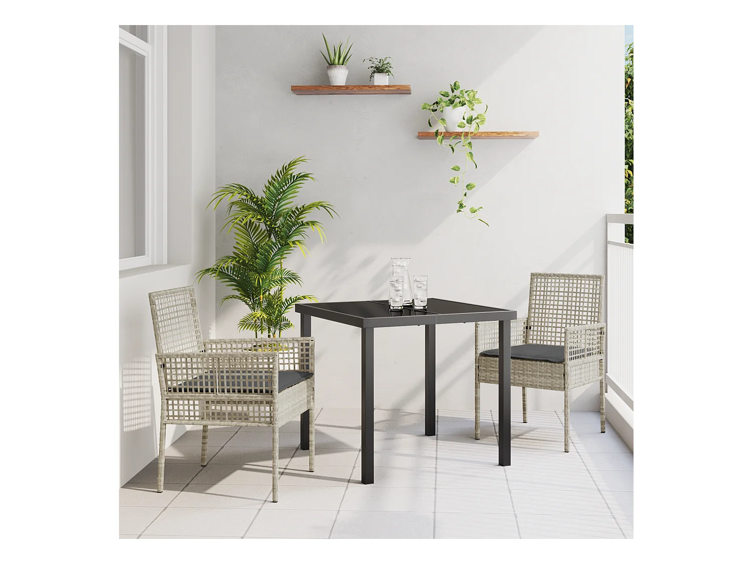 Ensemble de salle à manger de jardin 3 pièces avec coussins Gris clair Rattan PE