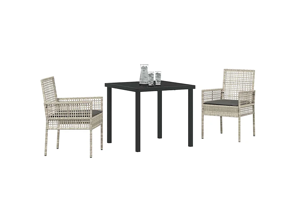 Ensemble de salle à manger de jardin 3 pièces avec coussins Gris clair Rattan PE