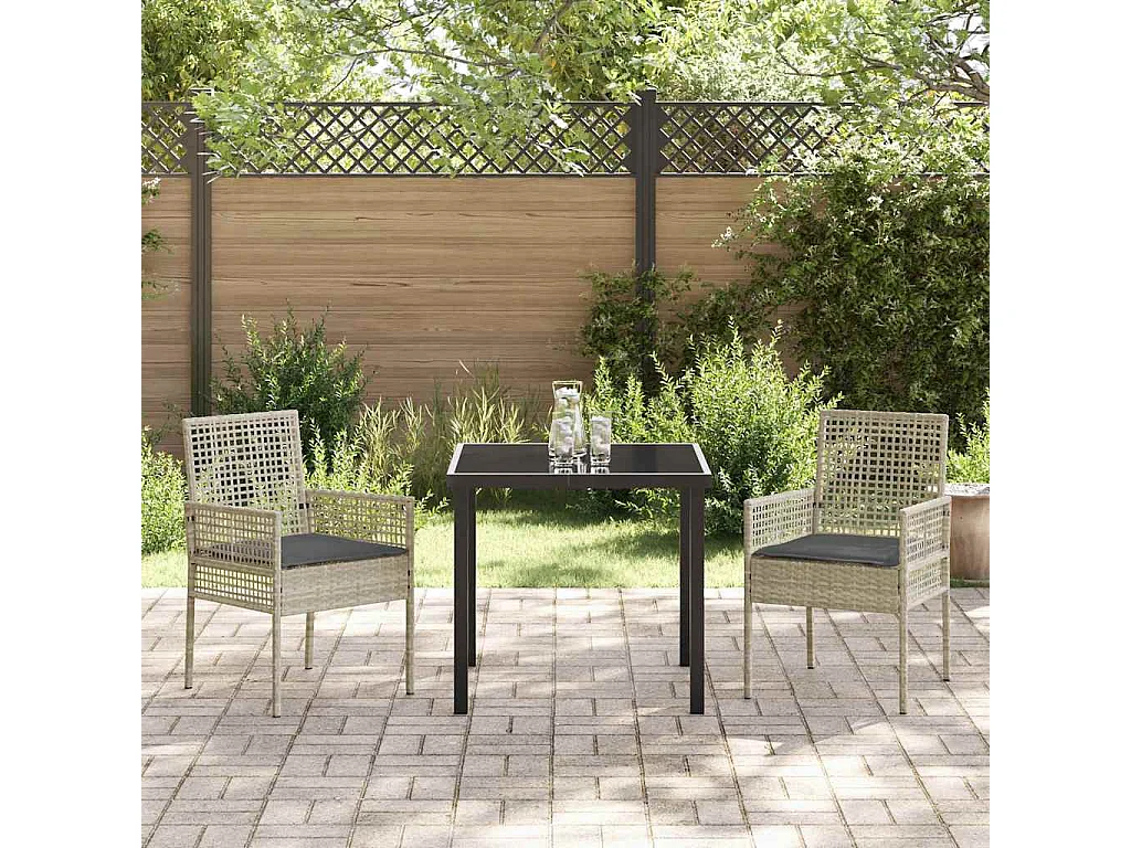 Ensemble de salle à manger de jardin 3 pièces avec coussins Gris clair Rattan PE