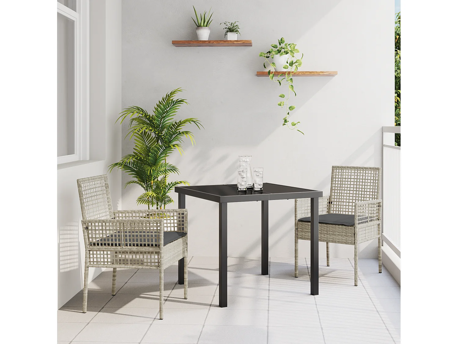 Ensemble de salle à manger de jardin 3 pièces avec coussins Gris clair Rattan PE