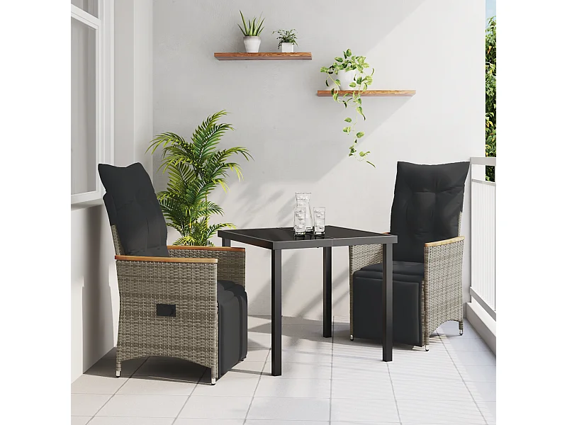 Ensemble de Salle à Manger de Jardin 3 Pièces avec Coussins Gris Poly Rattan