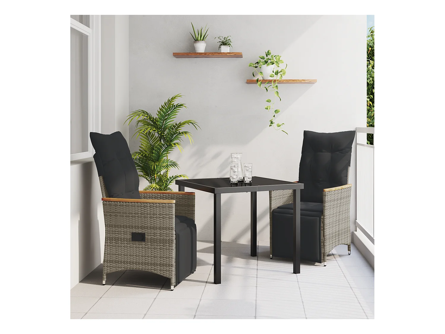 Set da pranzo da giardino 3 pezzi con cuscini in polyrattan grigio