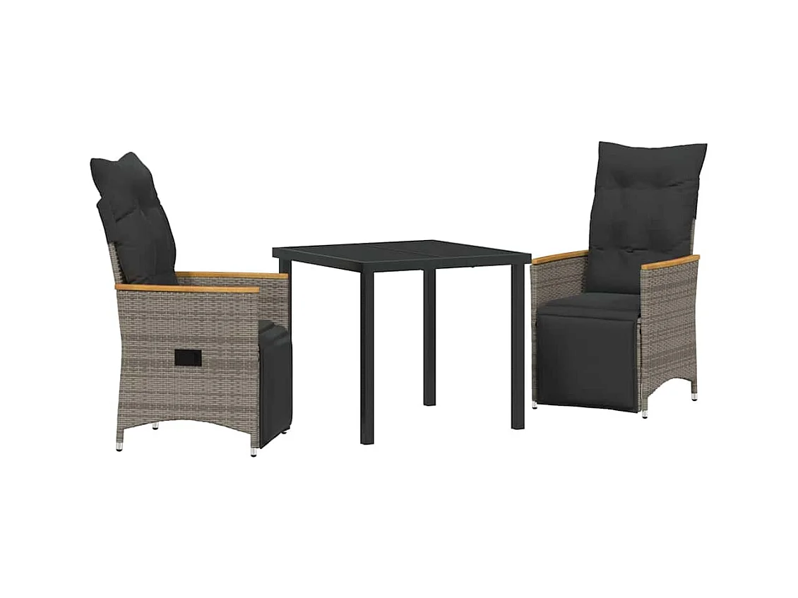 Set da pranzo da giardino 3 pezzi con cuscini in polyrattan grigio