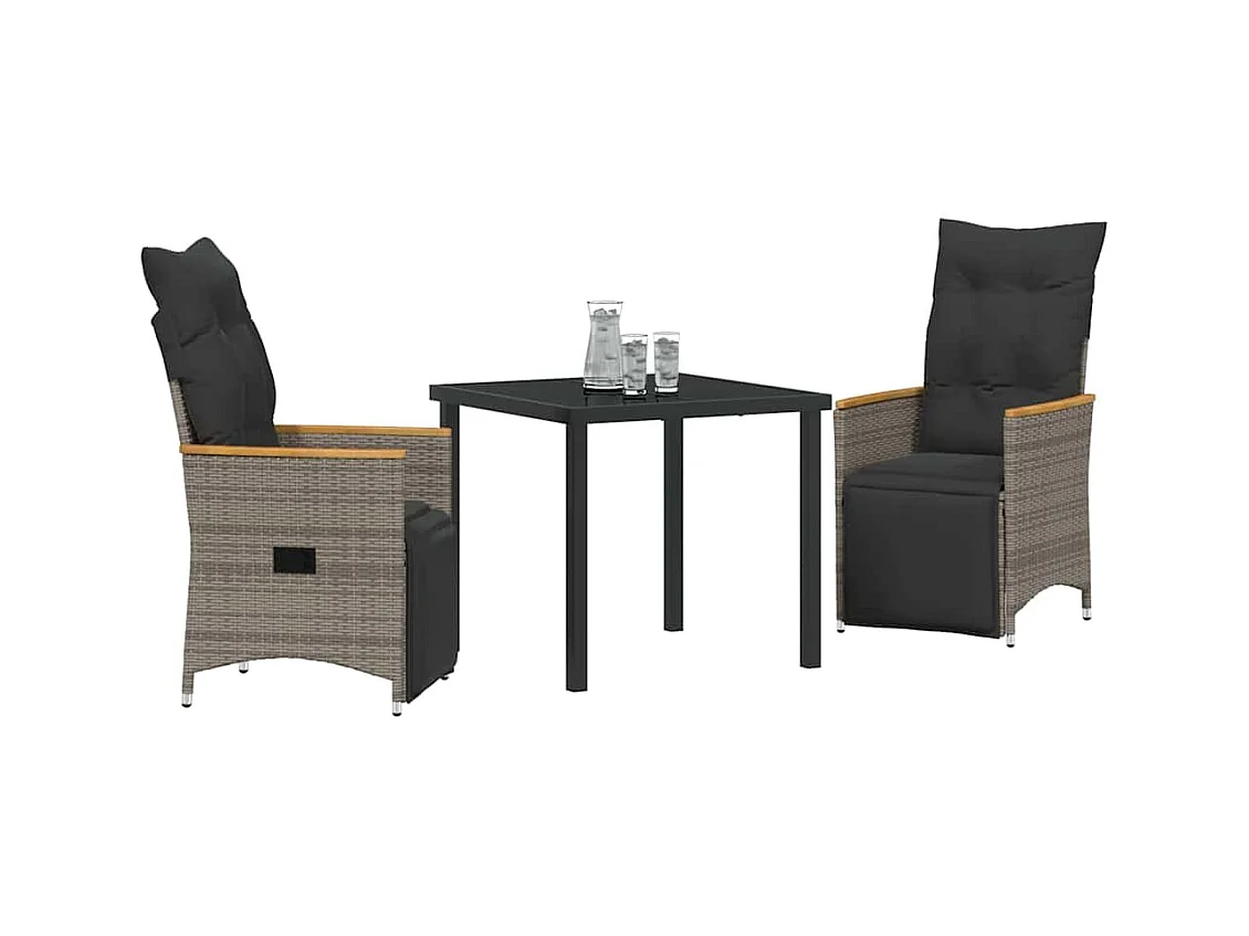 Set da pranzo da giardino 3 pezzi con cuscini in polyrattan grigio