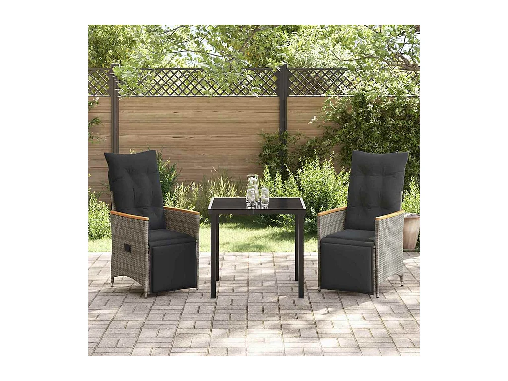 Set da pranzo da giardino 3 pezzi con cuscini in polyrattan grigio