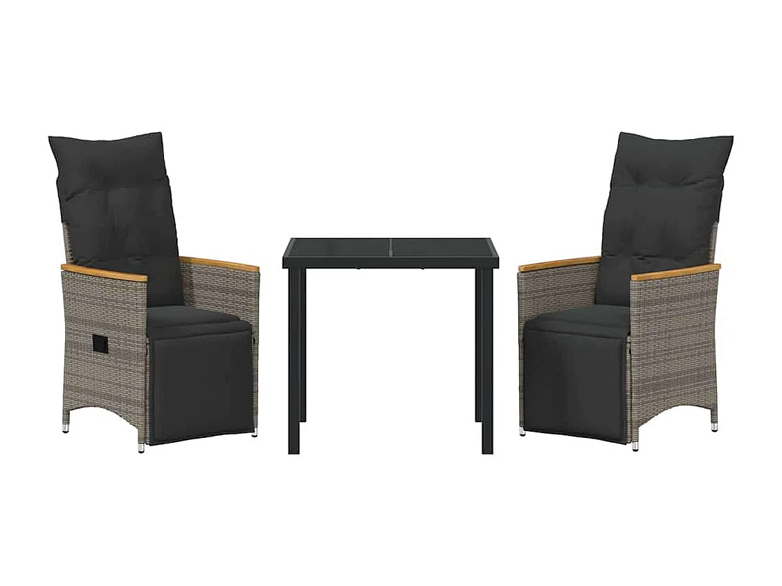 Set da pranzo da giardino 3 pezzi con cuscini in polyrattan grigio