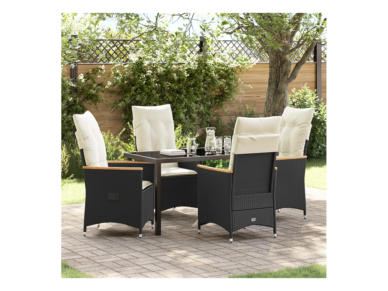 5-teiliges Garten-Essset mit schwarzen Polyrattan-Kissen