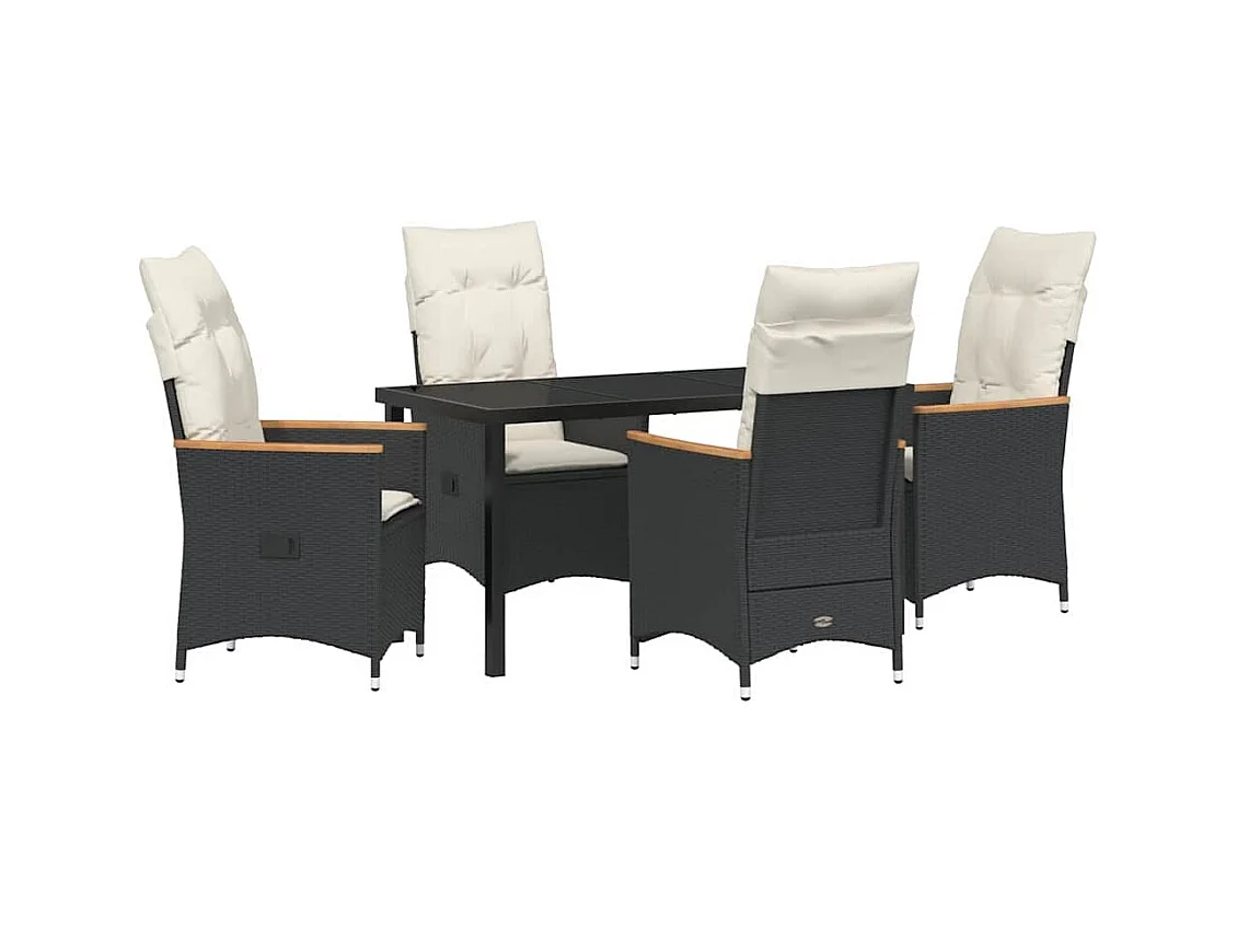 5-teiliges Garten-Essset mit schwarzen Polyrattan-Kissen