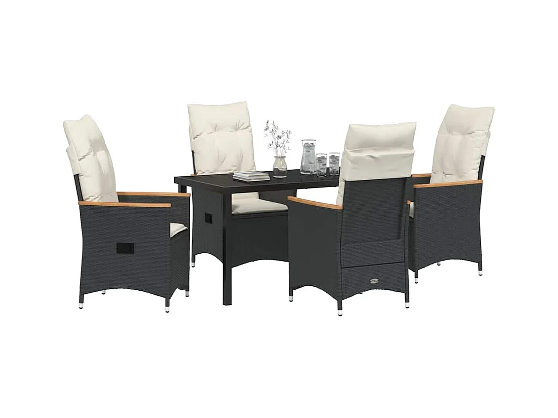 5-teiliges Garten-Essset mit schwarzen Polyrattan-Kissen