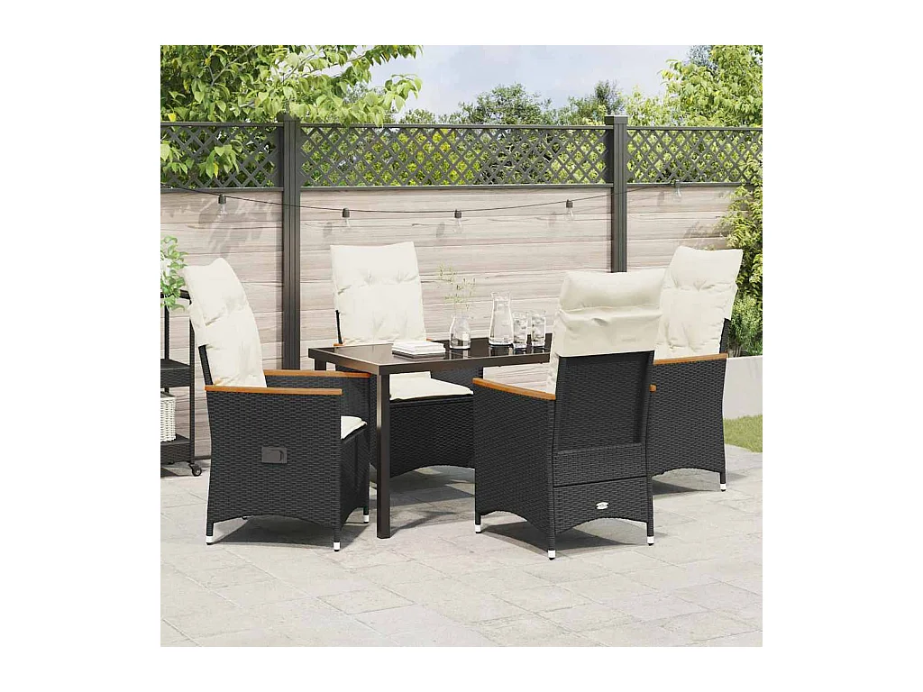 5-teiliges Garten-Essset mit schwarzen Polyrattan-Kissen