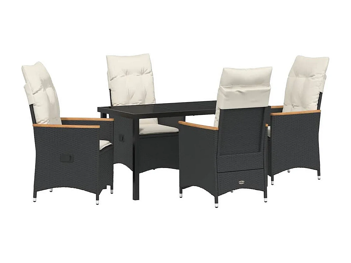 5-teiliges Garten-Essset mit schwarzen Polyrattan-Kissen