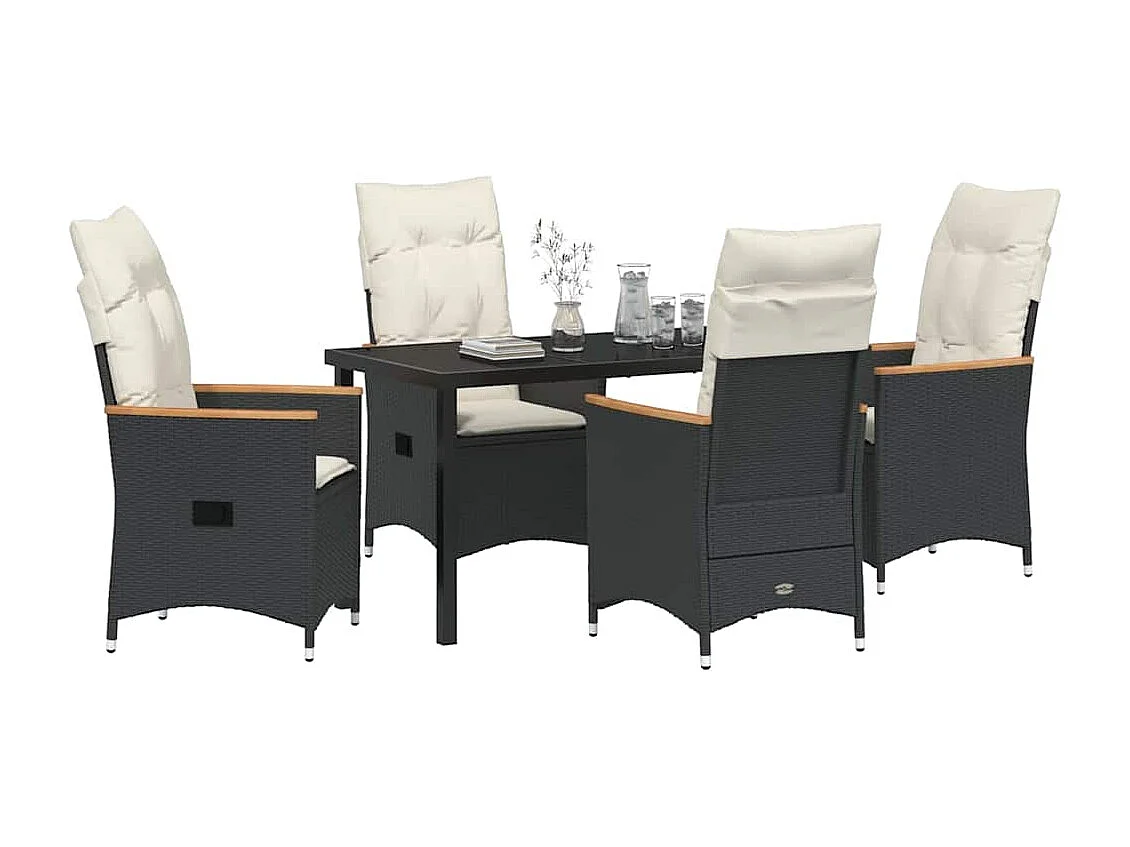 5-teiliges Garten-Essset mit schwarzen Polyrattan-Kissen