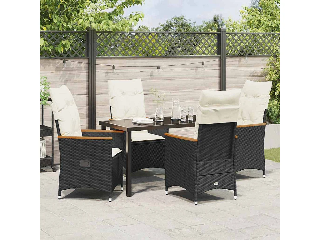 5-teiliges Garten-Essset mit schwarzen Polyrattan-Kissen