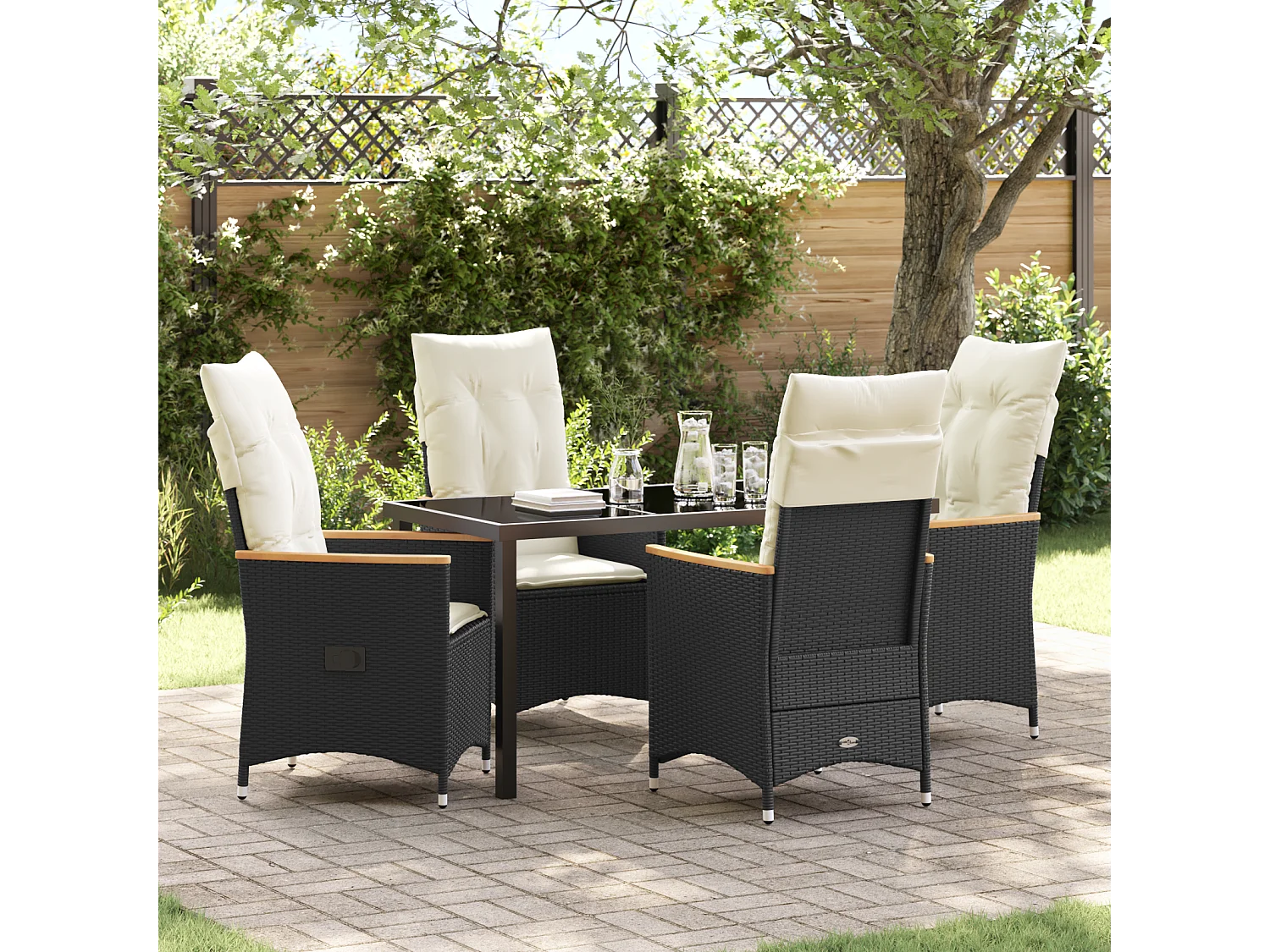Set da pranzo da giardino 5 pezzi con cuscini in polyrattan nero