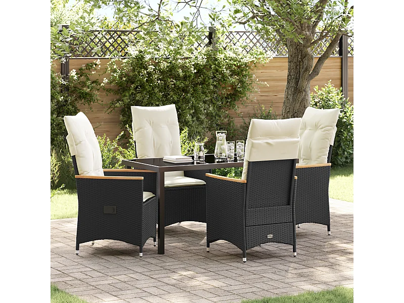 Set da pranzo da giardino 5 pezzi con cuscini in polyrattan nero