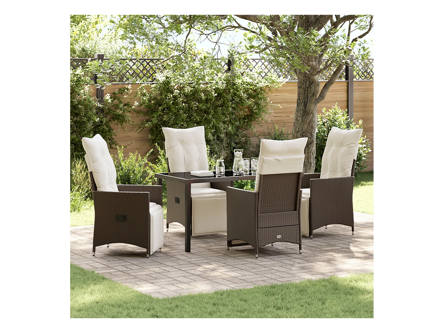 Set da pranzo da giardino 5 pezzi con cuscini in polyrattan marrone