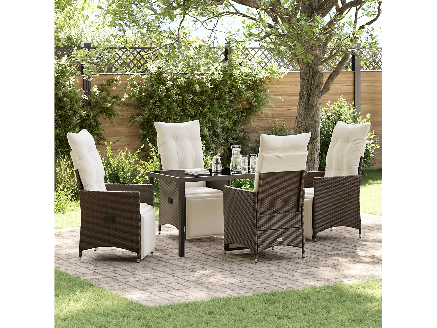 Ensemble de 5 pièces de salle à manger de jardin avec coussins marron en poly rattan