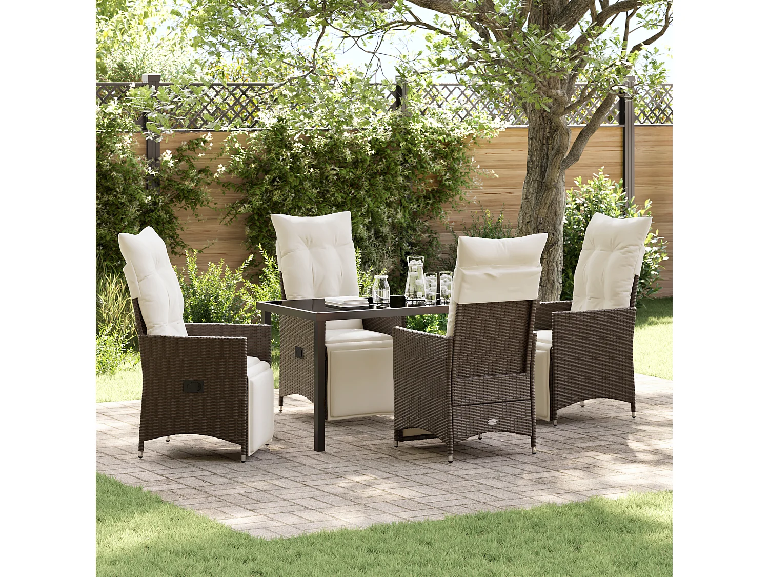 Ensemble de 5 pièces de salle à manger de jardin avec coussins marron en poly rattan
