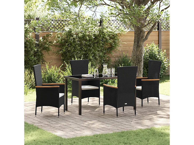 5-teiliges Garten-Essset mit schwarzen Polyrattan-Kissen