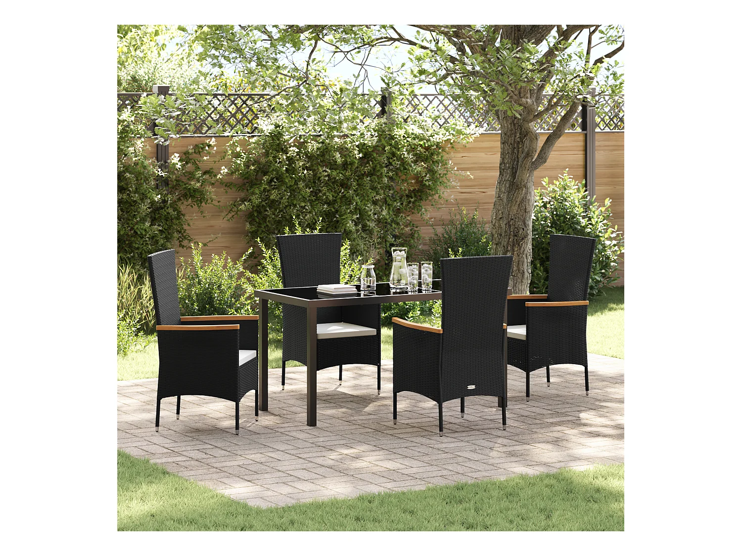 Ensemble de salle à manger de jardin 5 pièces avec coussins en rattan poly noir