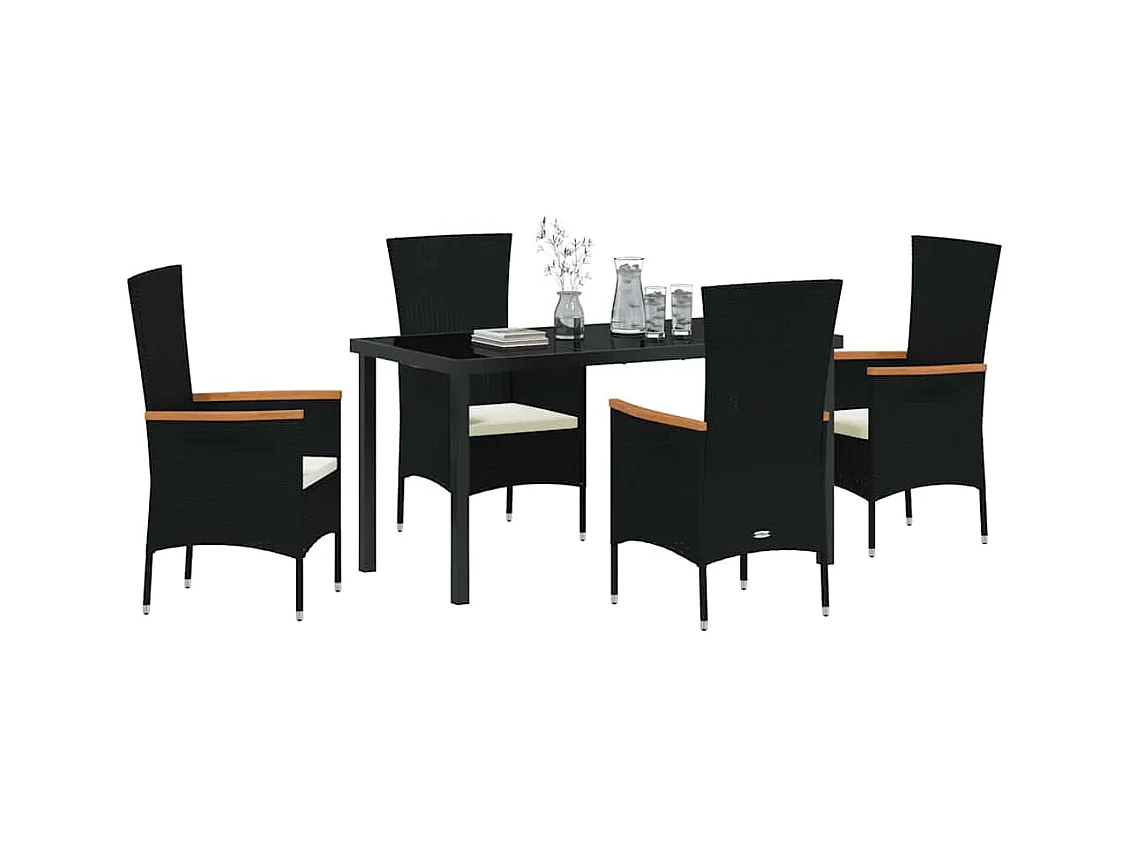 Ensemble de salle à manger de jardin 5 pièces avec coussins en rattan poly noir