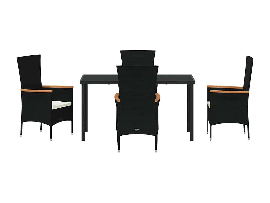 Ensemble de salle à manger de jardin 5 pièces avec coussins en rattan poly noir