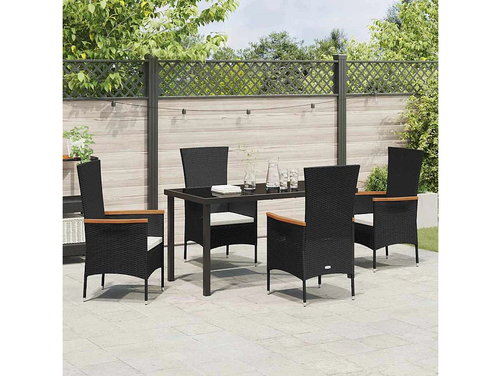 Ensemble de salle à manger de jardin 5 pièces avec coussins en rattan poly noir