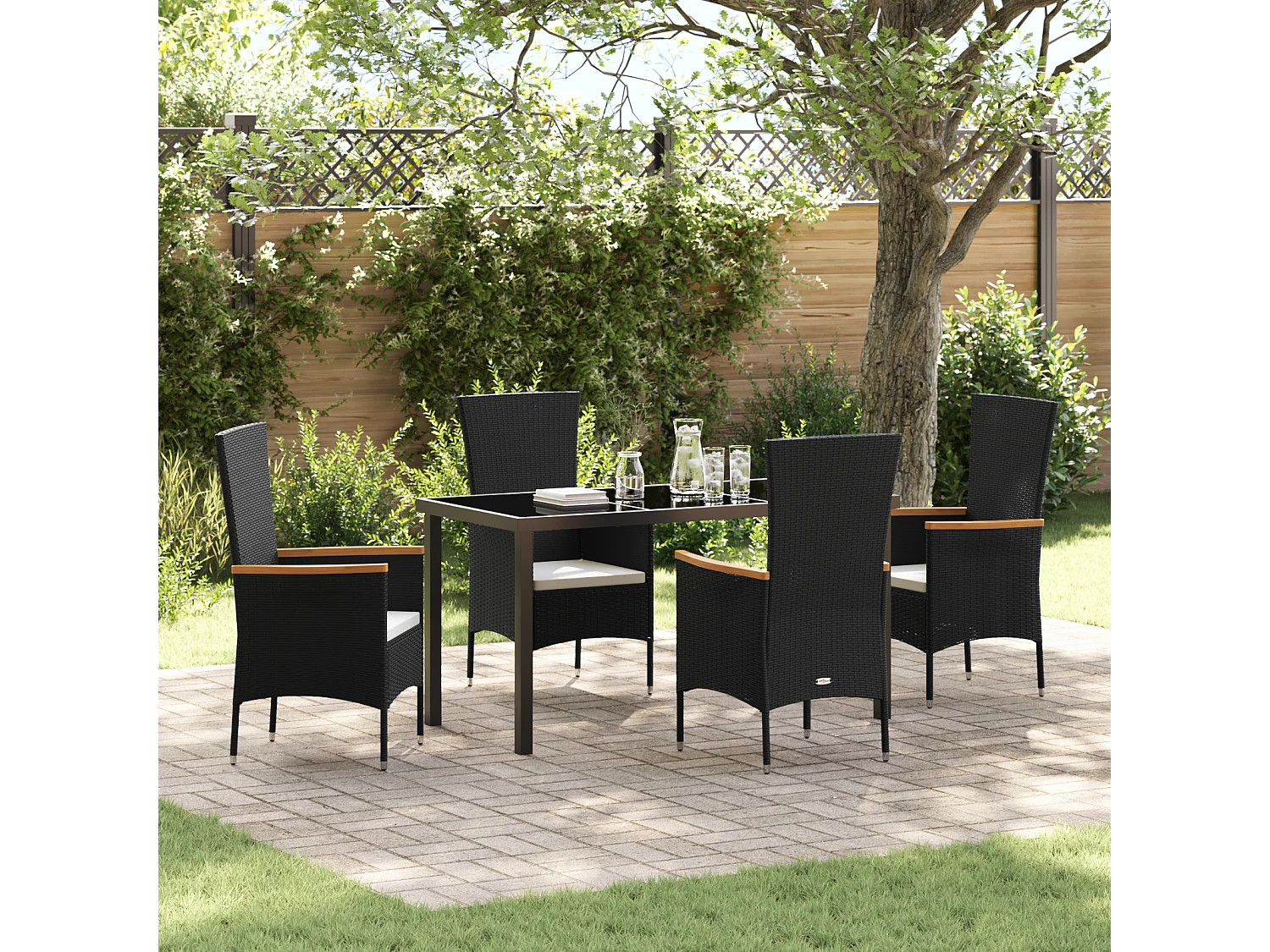 Ensemble de salle à manger de jardin 5 pièces avec coussins en rattan poly noir
