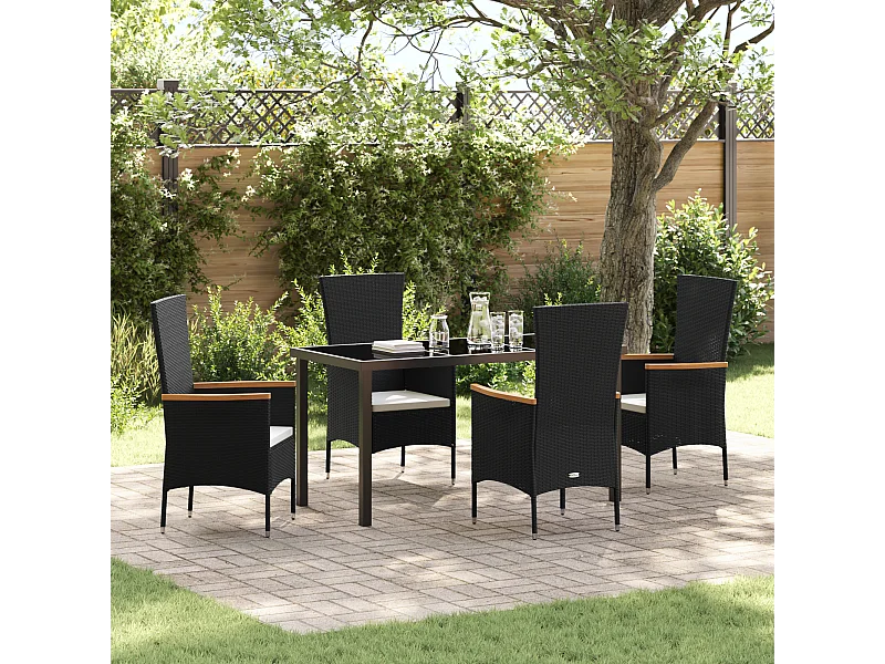 Ensemble de salle à manger de jardin 5 pièces avec coussins en rattan poly noir