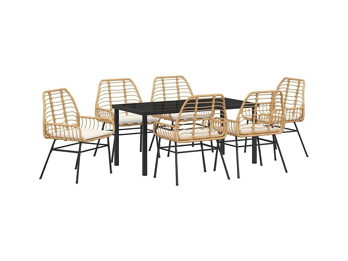 Set da pranzo da giardino 7 pezzi con cuscini marroni in polyrattan