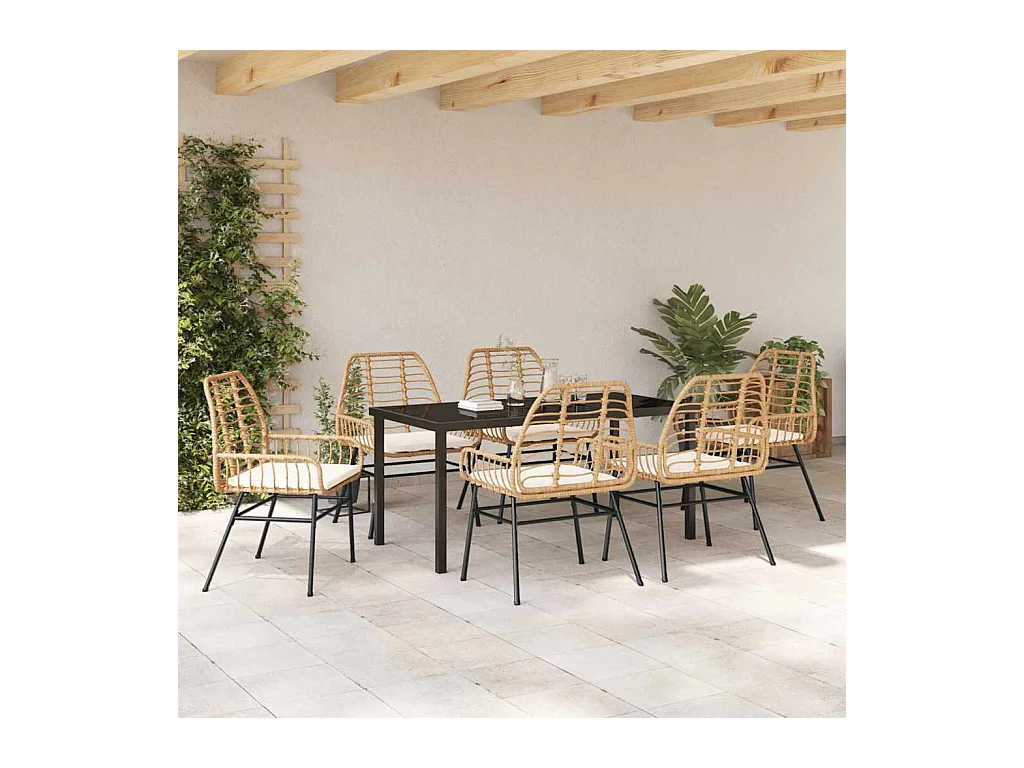 Set da pranzo da giardino 7 pezzi con cuscini marroni in polyrattan