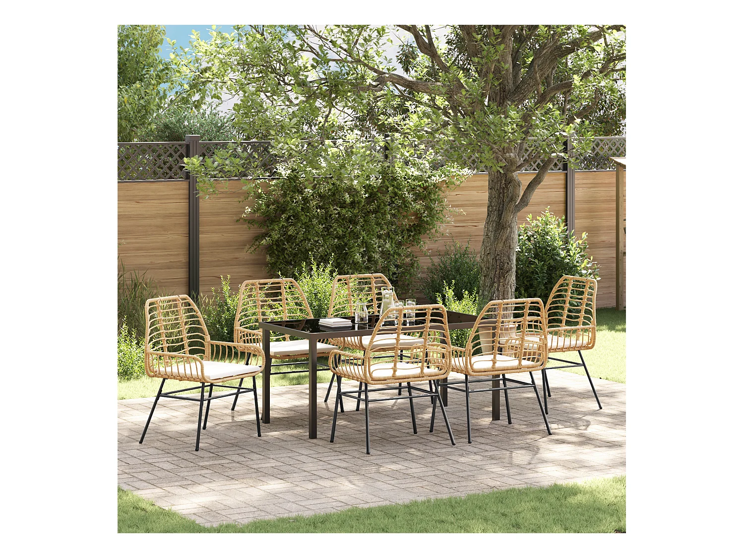 Ensemble de salle à manger de jardin 7 pièces avec coussins marron en poly rotin