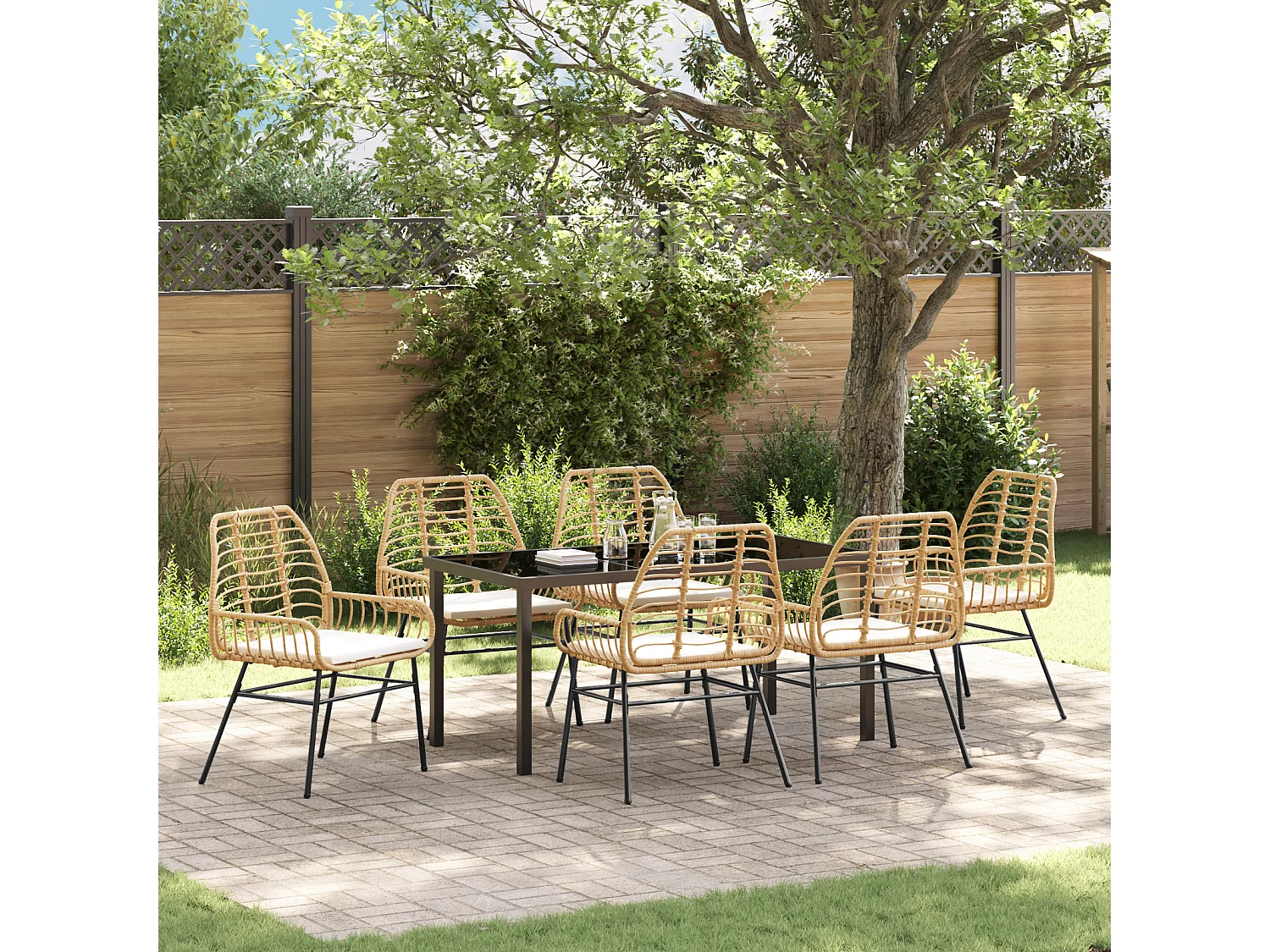 Ensemble de salle à manger de jardin 7 pièces avec coussins marron en poly rotin