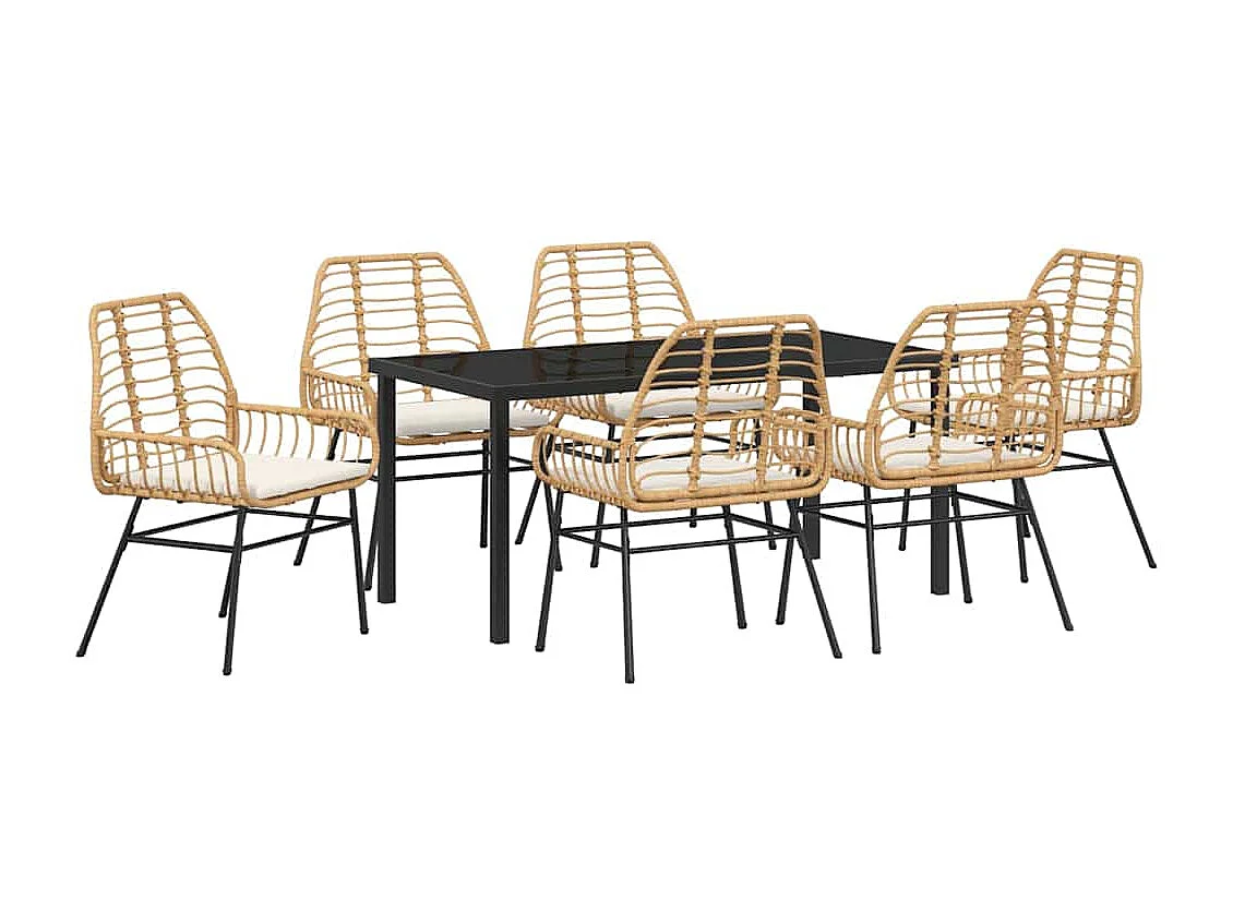 Ensemble de salle à manger de jardin 7 pièces avec coussins marron en poly rotin