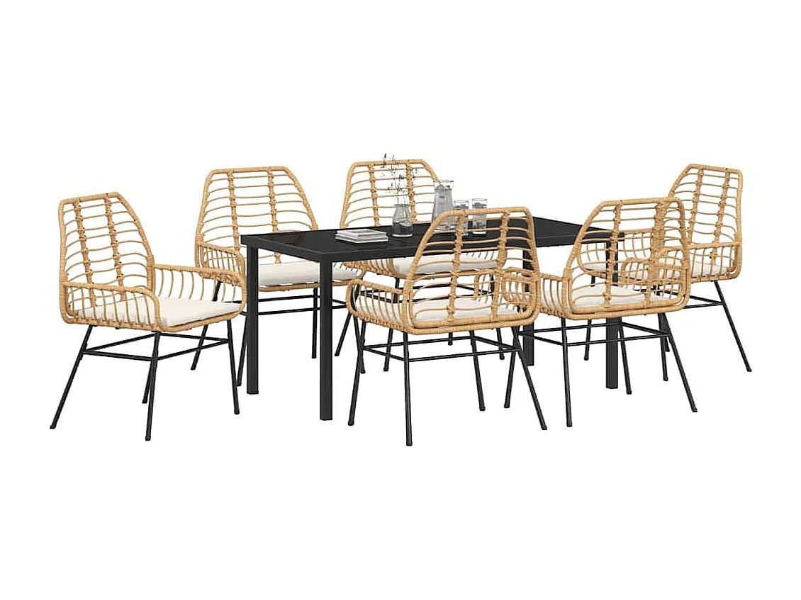 Ensemble de salle à manger de jardin 7 pièces avec coussins marron en poly rotin