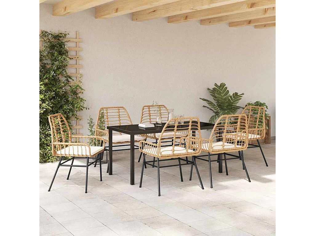 Ensemble de salle à manger de jardin 7 pièces avec coussins marron en poly rotin