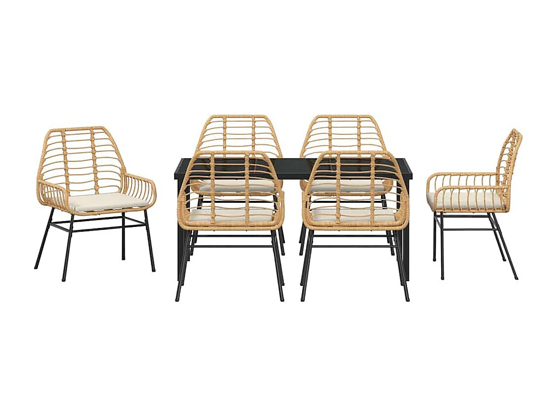 Ensemble de salle à manger de jardin 7 pièces avec coussins marron en poly rotin